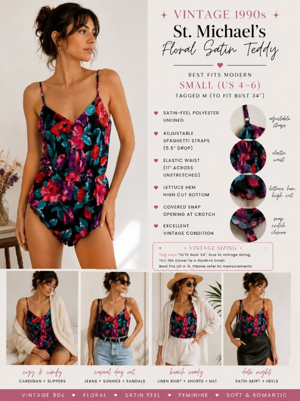 🌸 Vintage 1990s St. Michael's Floral Satin Teddy | Best Fits Modern S (US 4–6)